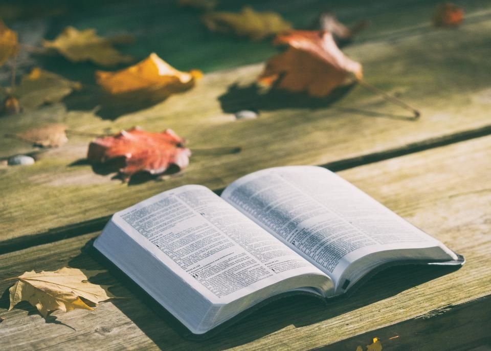 Open Bible on a wooden table with autumn leaves – studying marine spirits in the Bible KJV