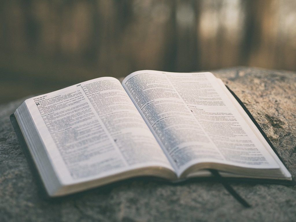 An open Bible resting on a rock outdoors – fixing the mind on God’s Word brings perfect peace (Isaiah 26:3)