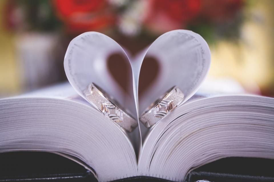 Two wedding rings resting on the heart-shaped pages of an open Bible – praying for a future husband