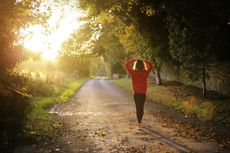Woman walking along a sunlit path through trees – walking in a new covenant with Christ