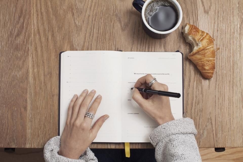 Hand writing in a journal beside a cup of coffee – write down your dreams and pray over them